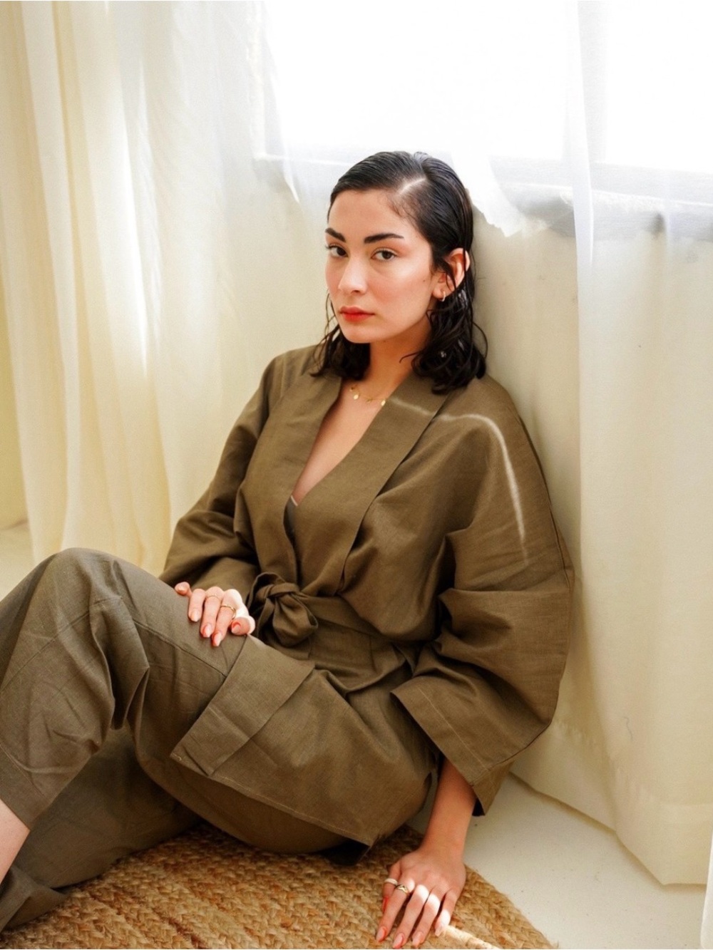 Olive Green Tie-Waist Linen Set